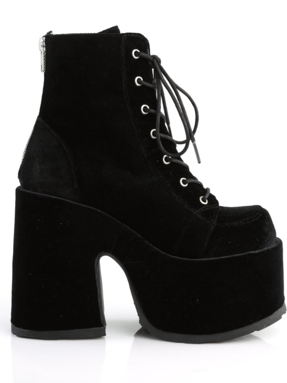 Chunky Heel Platform Black Velvet Ankle Boot with Metal Back Zip Closure